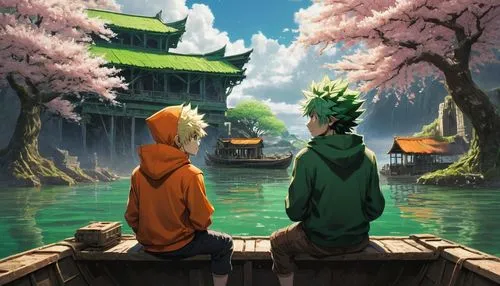 shippuden,river,cherry blossoms,ancient ruins,Deku,Bakugo,Conceptual Art,Fantasy,Fantasy 13