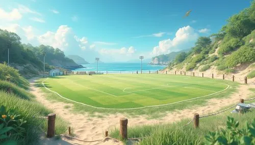 Vibrant green grass, sandy beige outfields, ocean blue skies, warm sunny days, salty sea air, driftwood fences, weathered stone bleachers, nautical rope details, striped patterned athletic tracks, bol