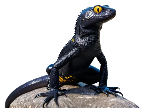 Dark salamander, black skin, yellow eyes, slim body, long tail, wet texture, shiny surface, sitting on rock, close-up shot, soft focus, natural light, 3/4 composition, cinematic mood.,a lizard with ye