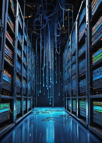 Industrial setting, modern data center, rows of racks, futuristic machines, Kafka logo, blue lights, wires, circuit boards, multiple servers, clusters, nodes, brokers, topics, partitions, producers, c