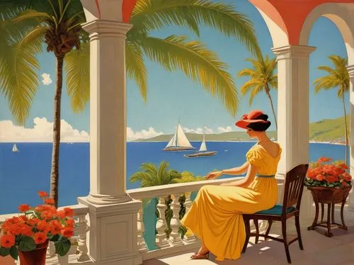 vettriano,coville,hildebrandt,guadeloupe,bluemner,pittura,grenada,italian painter,jamaica,frederiksted,portofino,martinique,anguilla,guadeloupean,travel poster,christiansted,haiti,woman at cafe,champney,positano,Illustration,Retro,Retro 15