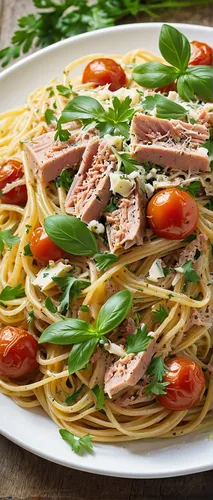 Spaghetti with Tuna and Roasted Tomatoes is pasta, garden roasted tomatoes, chunk white tuna, drizzled with olive oil, topped with cheese and fresh parsley.,linguine,spaghetti aglio e olio,anchovy (fo