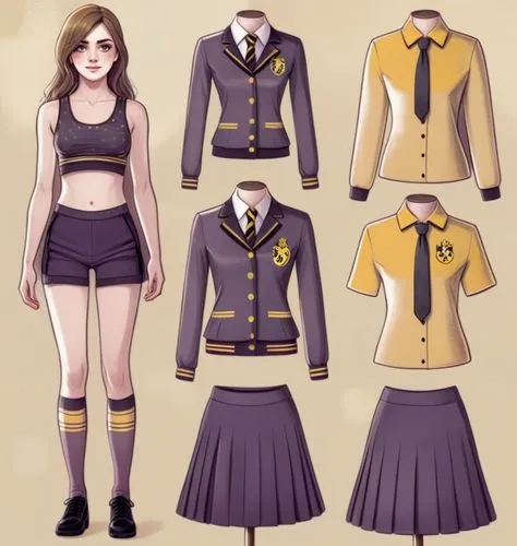 Paper doll 2d cartoon Hogwarts 16 year old schoolgirl in black sleeveless shirt ,black extra slim tight fit spandex short shorts with black long sock and black shoe standing surrounded by with a set o