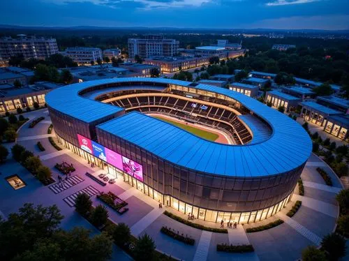 Curved stadium fa\u00e7ade, dynamic LED lighting, sleek metal cladding, angular lines, modernist architecture, grand entrance gates, cantilevered rooflines, vast open concourses, polished concrete flo