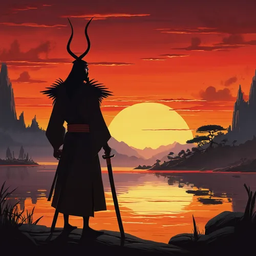 samurai,dusk background,the wanderer,red sun,wanderer,dusk,rising sun,house silhouette,lone warrior,mulan,oryx,man silhouette,swordsman,game illustration,shinigami,silhouette art,world digital painting,would a background,sun god,samurai fighter,Art,Classical Oil Painting,Classical Oil Painting 31