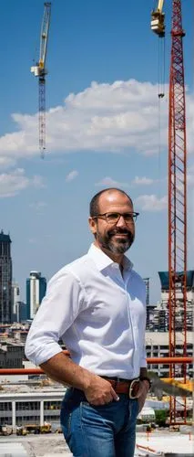 Andrea Deplazes, constructing architecture, Italian architect, middle-aged man, glasses, short black hair, beard, white shirt, blue jeans, brown leather belt, holding blueprints, standing, constructio