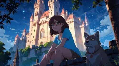 Meteors flying across the sky,a young woman sitting on a stone wall next to a wolf,aleu,katara,laika,ghibli,fantasia,giantess