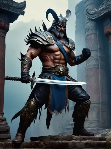 Shao Kahn concept art, strong muscular man, mature, rugged beard, scar above left eyebrow, intricate armor, metallic shoulder pads, worn leather gloves, detailed sword at hip, standing hero pose, dram