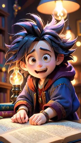 The book, seemingly innocuous at first, released a malevolent spirit that began wreaking havoc across their home.,a very cute  sitting on top of a book,storybook character,scholar,spellbook,schierholt