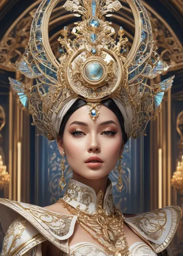 oriental princess,asian vision,golden crown,taiwanese opera,asian costume,gold jewelry,jaya,gold crown,imperial crown,priestess,orientalism,miss vietnam,cleopatra,diadem,asian culture,golden mask,fantasy portrait,emperor,queen crown,rebana,Conceptual Art,Fantasy,Fantasy 22