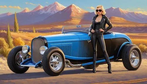 1932-ford-custom-zz-top-eliminatorو woman, oval face, blond, sharp  eyebrow, almond eyes, blue eyes, wide lips, triangle body shape,  wearing black leather jacket (open chest) and short leather leggin