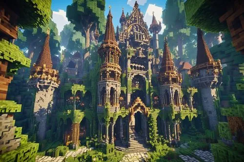 Minecraft-inspired medieval castle, grandiose stone walls, intricate stained glass windows, towering spires, ornate iron gates, sprawling gardens, moss-covered stone floors, lanterns hanging from wood