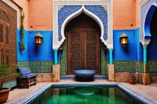 Traditional Moroccan architecture, intricately decorated riad, ornate tile work, arches, domes, Islamic geometric patterns, vibrant blue and green glazed ceramics, wooden lattice screens, grand courty