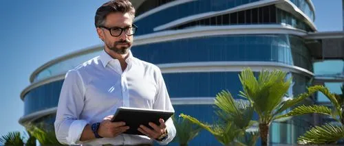 Middle-aged male architect, Sarasota style, standing, confident posture, black-framed glasses, short brown hair, trimmed beard, white dress shirt, dark blue trousers, leather belt, silver watch, holdi