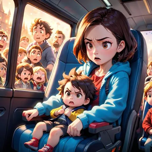 Inside a bus, all the seats are occupied by people. A woman sits in one seat and next to her is a car seat with a baby in it. Next to her stands a woman with an angry face.,train ride,alita,studio ghi