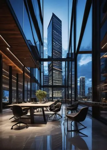 Modern skyscraper, glass and steel structure, reflective windows, sleek lines, urban landscape, city center, busy streets, blurred car lights, nighttime scenery, dramatic lighting, low-angle shot, bru