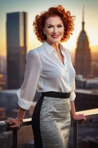 Mature lady, red hair, curly hairstyle, bright makeup, bold eyeliner, full eyebrows, elegant smile, white blouse, black skirt, high heels, standing, confident posture, urban background, cityscape, sky