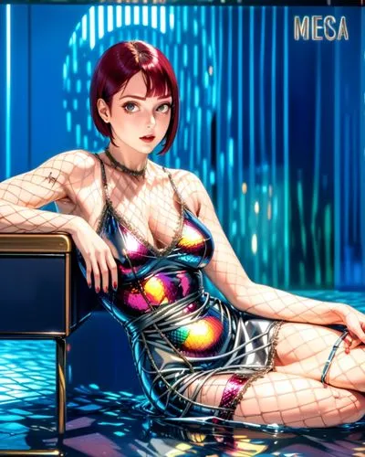 maroon slick bob hair, metallic fishnet dress,a beautiful woman in a metallic outfit sitting on a blue couch,aqua studio,mesa,meg,water sofa,misa,kosmea,Anime,Anime,General