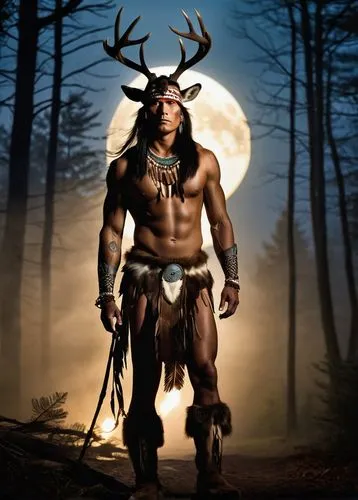 Native American, deer skin walker, mystical, full moon night, forest, trees with glowing eyes, misty atmosphere, wolf companion, fur loincloth, feathered headdress, antlers, tribal tattoos, smoky eyes