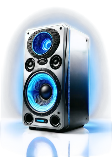 Dynamic speakers, black and silver body, flashing blue lights, metallic grille, powerful sound waves, low-frequency thump, vibrant equalizer display, sleek modern design, reflective surface, studio li