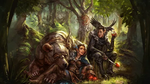 elven forest,forest workers,druids,druid grove,warrior and orc,nomads,game illustration,heroic fantasy,elves,hunting scene,shamanism,horsetail family,the three magi,fantasy picture,arrowroot family,tr