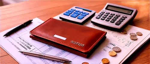 Wallet, coins, credit cards, budget papers, pen, calculator, wooden desk, morning light, shallow depth of field, warm color tone, 3/4 composition, realistic, detailed textures, soft focus.,two pen, pa