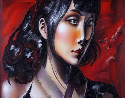 Passion Sexy Painting ,Naked Woman  Abstract Body Art Oil Painting,painting of a woman with black hair and wearing a tie,japanese woman,geisha girl,japanese art,tomie,viveros,uemura,Illustration,Abstr