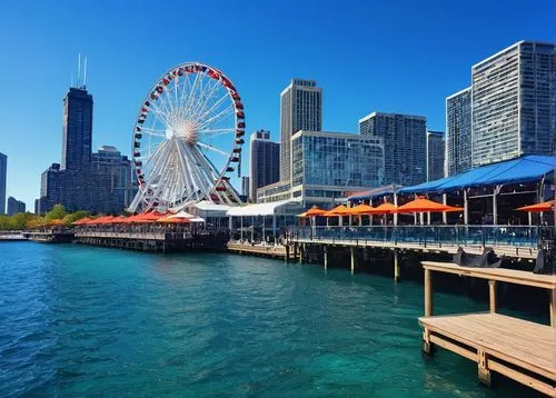 Navy Pier, Chicago, architecture tour, daytime, sunny, clear blue sky, Lake Michigan waterfront, Ferris wheel, modern buildings, glass facades, steel structures, pedestrian bridge, lake shore path, sa