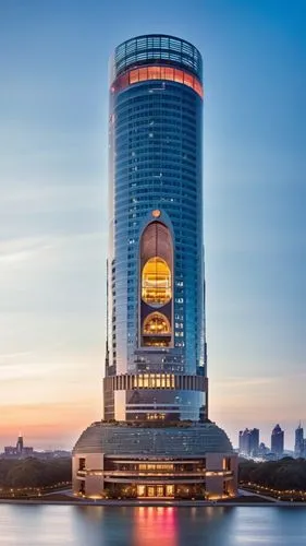 The skyscraper stands majestically against the skyline, its sleek and innovative design a testament to modern architectural excellence. The facade is a seamless blend of glass and steel, reflecting th