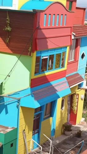 there is a very tall yellow house with a red roof,balamory,colorful facade,valparaiso,moc chau hill,stilt houses,favelas,Photography,General,Realistic