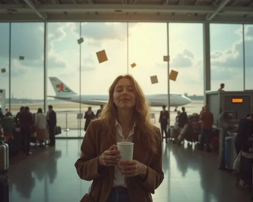 a wide angle girl with eyes closed standing subtly smiling with in peace facing the camera drinking coffee at an airport runway, there's a coffe machine behind on the right side, there is a 747 boeing