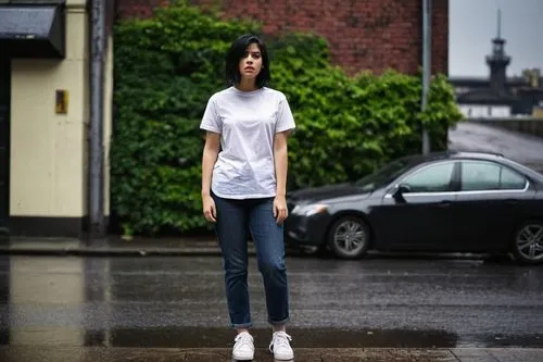 isolated t-shirt,girl in t-shirt,walking in the rain,long-sleeved t-shirt,in the rain,girl walking away,tshirt,girl in a long,pedestrian,rainy,anime japanese clothing,a pedestrian,rain pants,t-shirt,rainy day,tee,raindops,rain,woman walking,white shirt,Art,Classical Oil Painting,Classical Oil Painting 39