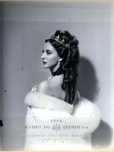 Portrait of a queen, technically optimal high-resolution contemporary black and white photographic art.,a vintage pograph of an elegant woman wearing a tiara,miss circassian,vintage female portrait,am