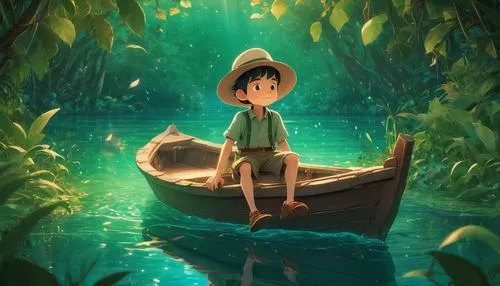 studio ghibli,mowgli,raft,paper boat,little boat,fishing float,emerald sea,wander,finding,voyage,adrift,cenote,perched on a log,monkey island,adventurer,raft guide,canoeing,float,canoe,2d,Illustration,Realistic Fantasy,Realistic Fantasy 02