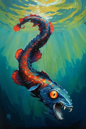 painting of large predatory fantasy fish with huge blank nacreous eyes and large maw filled with sharp teeth, spiky exoskeleton ridges and colorful large scales, swimming under murky greenish water. i