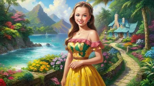 Romantic masterpiece oil painting, cute girl portrait, nostalgic 1950's style kitsch, beautiful exotic landscape, lush vibrant tropical paradise scenery, by Thomas Kinkade, by Bob Ross, high res,girl 