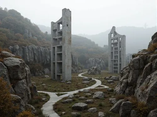 Fragmented landscape, rocky outcrops, winding paths, abstract sculptures, deconstructed buildings, irregular shapes, bold cantilevers, dynamic volumes, fractured lines, distorted proportions, unconven