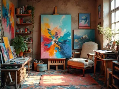 atelier,bohemian art,workroom,sitting room,workspace,interior decor,overpainting,working space,livingroom,abstract painting,living room,work space,alcove,painting work,meticulous painting,blue room,roominess,flower painting,danish room,home corner,Photography,General,Realistic