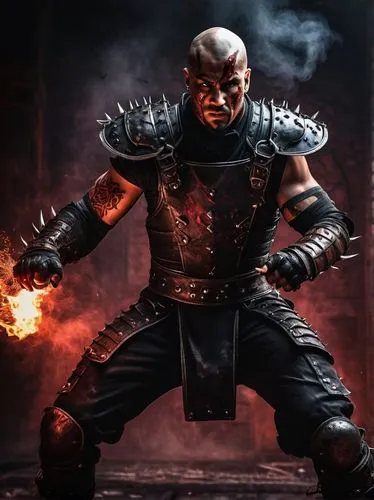 Mortal Kombat fighter, male, muscular, scarred face, menacing eyes, bald head, tattoos on arms, black leather armor, metal shoulder pads, spiked gauntlets, gruesome bloodstains, intense battle stance,