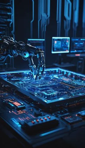 Automation Testing Framework, modern minimalist background, sleek lines, futuristic ambiance, robotic arm, circuit boards, wires, microchips, futuristic dashboard, holographic screens, neon lights, da