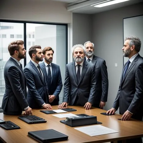 create a meeting table with several high-ranking directors with suits lined up, they all look like rats and are in a very modern, aseptic room, their hands are also hairy and look like paws, their fac