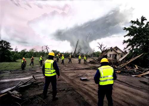 Tornado, destructive power, dark clouds, lightning flash, strong winds, debris flying, ruinous landscape, destroyed buildings, uprooted trees, muddy terrain, rescue workers, yellow vest, helmet, first