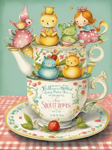 Come up with a whimsical invitation in a cute font for a children's tea party.,tea party cat,tea party collection,tea party,teacup arrangement,teatime,afternoon tea,teacup,tea time,tea card,coffee tea