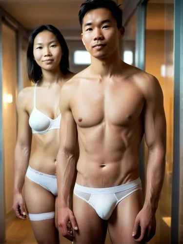 The sceneThe picture shows a man and a woman in a modern, well-lit interior. Both are wearing white underwear. The man stands in the foreground, is muscular and wears tight-fitting white underwear. Th