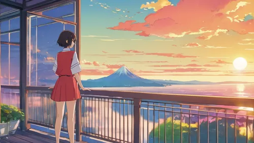 summer evening,window to the world,summer sky,the horizon,dream world,sky apartment,overlook,atmosphere,dream,芦ﾉ湖,daybreak,red summer,evening atmosphere,romantic scene,summer day,studio ghibli,scenery,sunset,house silhouette,daydream,Illustration,Japanese style,Japanese Style 03