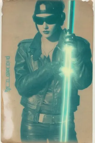 Color the drawing in post-apocalyptic, cyberpunk, vaporwave style,a young man in leather clothes holding a light saber,trooper,biscop,starkiller,timecop,cyberrays,blaster,Photography,Documentary Photo