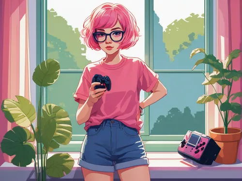 pink glasses,girl studying,bright pink,camera illustration,texting,gameboy,digital illustration,on the phone,cell phone,retro girl,color pink,pink,digital painting,girl in t-shirt,girl at the computer,study,pink round frames,girl drawing,game illustration,pink clover,Illustration,Retro,Retro 23