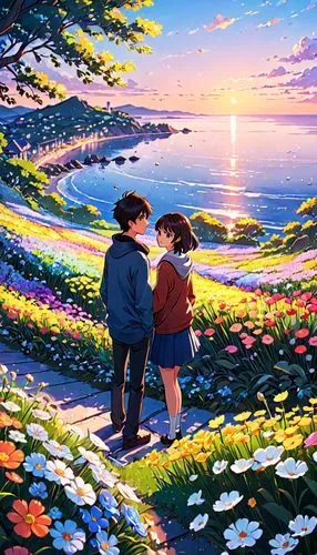 sea of flowers,romantic scene,studio ghibli,blooming field,falling flowers,springtime background,summer evening,flower in sunset,loving couple sunrise,girl and boy outdoor,field of flowers,landscape background,picking flowers,summer background,spring background,by the sea,promenade,finding,flower background,scattered flowers,Anime,Anime,Realistic