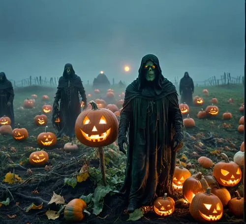 scary Halloween ghost, goblins, witches, Frankenstein, scarecrows,  ghosts and bats in a foggy field of pumpkins on Halloween night ,a group of people dressed up in halloween costumes,halloweenkuerbis