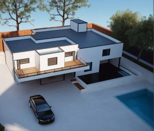 day render with metal and gray wood and white marbel stone in it's view and with black car and pool and trees with the best sky wiyh the best reflection and dont change this view,folding roof,3d rende